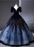 Vintage Navy Blue Velvet Beaded Sweet 16 Quinceanera A-Line V-neck Short-sleeved Evening Dress Long Ball Gown HZ1024