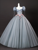 Chic Dusty Blue Sweet 16 Quinceanera 3D Flowers A-Line Puffy Sleeves Evening Dress Long Ball Gown HZ1024