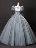 Chic Dusty Blue Sweet 16 Quinceanera 3D Flowers A-Line Puffy Sleeves Evening Dress Long Ball Gown HZ1024