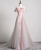 Vintage Pink Floral Applique A-Line Evening Gown Tulle Off-the-shoulder Party Dress Long Formal Dress HZ1024