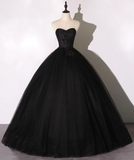 Vintage Black Applique A-Line Evening Gown Tulle Strapless Party Dress Long Formal Dress HZ1024