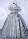 Vintage Greyish-green Satin A-Line Evening Gown Sweetheart Puffy Sleeve Party Dress Long Formal Dress HZ1024