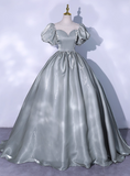 Vintage Greyish-green Satin A-Line Evening Gown Sweetheart Puffy Sleeve Party Dress Long Formal Dress HZ1024