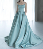 Vintage Turquoise Satin A-Line Evening Gown Spaghetti Strap Party Dress Long Formal Dress HZ1024