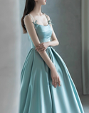 Vintage Turquoise Satin A-Line Evening Gown Spaghetti Strap Party Dress Long Formal Dress HZ1024