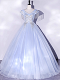 Vintage Sky Blue Tulle Beaded A-Line Evening Gown V-neck Cap Sleeves Party Dress Long Formal Dress HZ1024