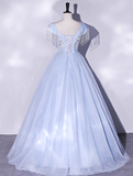 Vintage Sky Blue Tulle Beaded A-Line Evening Gown V-neck Cap Sleeves Party Dress Long Formal Dress HZ1024