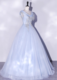 Vintage Sky Blue Tulle Beaded A-Line Evening Gown V-neck Cap Sleeves Party Dress Long Formal Dress HZ1024