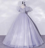 Vintage Hazy Blue Tulle Beaded A-Line Evening Gown Short-sleeved Party Dress Long Formal Dress HZ1024