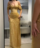 Vintage Golden Glittering Sequin Evening Gown Sheath Off-the-shoulder Party Dress Long Formal Dress HZ1024
