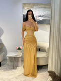 Vintage Golden Glittering Sequin Evening Gown Sheath Off-the-shoulder Party Dress Long Formal Dress HZ1024