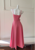 Vintage Hot Pink A-Line Evening Dress Sash Tea Length Prom Dress HZ1024