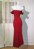 Vintage Red 3D Flowers Sheath Off-the-shoulder Evening Dress Slit Long Prom Dress HZ1024