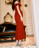 Vintage Red 3D Flowers Sheath Off-the-shoulder Evening Dress Slit Long Prom Dress HZ1024