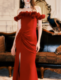 Vintage Red 3D Flowers Sheath Off-the-shoulder Evening Dress Slit Long Prom Dress HZ1024