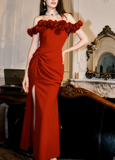 Vintage Red 3D Flowers Sheath Off-the-shoulder Evening Dress Slit Long Prom Dress HZ1024