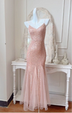 Vintage Pink Sequin Mermaid Spaghetti Strap V-neck Evening Dress Long Prom Dress HZ1024
