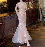 Vintage Pink Sequin Mermaid Spaghetti Strap V-neck Evening Dress Long Prom Dress HZ1024