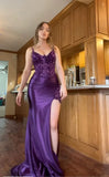 Vintage Purple Glittering Beaded Evening Gown Sheath Applique Spaghetti Strap Party Dress High Slit Long Formal Dress HZ1024