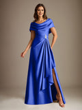 Plataz Scoop Floor-Length Stretch Satin Mother of the Bride Dress With Cascading HZ1007