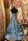 Plataz Mermaid Strapless Blue Satin Prom Dresses Long Evening Gown Formal Party Dress SD1299 HZ0628