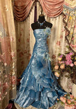 Plataz Mermaid Strapless Blue Satin Prom Dresses Long Evening Gown Formal Party Dress SD1299 HZ0628