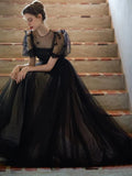 Plataz Puff Sleeves Tulle Long Prom Dress Black Formal Evening Dress SD1303 HZ0628