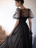 Plataz Puff Sleeves Tulle Long Prom Dress Black Formal Evening Dress SD1303 HZ0628