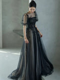 Plataz Puff Sleeves Tulle Long Prom Dress Black Formal Evening Dress SD1303 HZ0628
