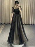 Plataz Puff Sleeves Tulle Long Prom Dress Black Formal Evening Dress SD1303 HZ0628