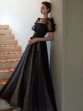 Plataz Puff Sleeves Tulle Long Prom Dress Black Formal Evening Dress SD1303 HZ0628