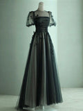 Plataz Puff Sleeves Tulle Long Prom Dress Black Formal Evening Dress SD1303 HZ0628