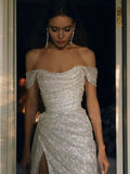 Plataz Sheath Off The Shoulder Sequin Slit Long Prom Dresses Evening Gown Formal Party Dress With Ruffles SD1306 HZ0628