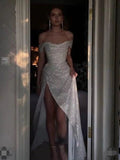 Plataz Ivory Mermaid Off Shoulder High Slit Cheap Long Prom Dresses SD1306 HZ0628
