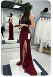 Plataz Mermaid Spaghetti Straps Burgundy Sequin Prom Dresses Party Dress SD1316 HZ0628