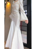 Plataz Mermaid Long Sleeves Ankle Length White Prom Dresses Party Dress SD1318 HZ0628