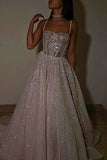 Plataz A Line Spaghetti Straps Sequin Silver Long Prom Dresses Party Dress SD1331 HZ0628