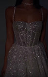 Plataz A Line Spaghetti Straps Sequin Silver Long Prom Dresses Party Dress SD1331 HZ0628