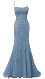 Plataz Mermaid Spaghetti Straps Blue Lace Backless Long Prom Dresses Party Dress SD1337 HZ0628