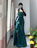 Plataz Sheath Strapless Floor Length Ruffles Slit Green Satin Prom Dresses SD1350 HZ0628