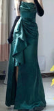 Plataz Sheath Strapless Floor Length Ruffles Slit Green Satin Prom Dresses SD1350 HZ0628