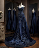 Plataz Mermaid Spaghetti Straps Navy Blue Satin Long Prom Dresses Party Dress SD1363 HZ0628
