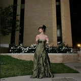 Plataz Ball Gown Strapless Satin Olive Green Long Ruffles Prom Dresses Formal Evening Dress SD2381 HZ0628