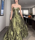 Plataz Ball Gown Strapless Satin Olive Green Long Ruffles Prom Dresses Formal Evening Dress SD2381 HZ0628