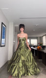 Plataz Ball Gown Strapless Satin Olive Green Long Ruffles Prom Dresses Formal Evening Dress SD2381 HZ0628