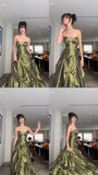 Plataz Ball Gown Strapless Satin Olive Green Long Ruffles Prom Dresses Formal Evening Dress SD2381 HZ0628