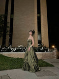 Plataz Ball Gown Strapless Satin Olive Green Long Ruffles Prom Dresses Formal Evening Dress SD2381 HZ0628