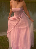 Plataz A Line Strapless Pink Chiffon Long Party Dress Prom Dresses SD1397 HZ0628