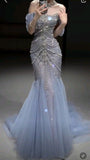Plataz Mermaid Off The Shoulder Blue Tulle Silver Beads Long Prom Dresses Formal Evening Dress SD1399 HZ0628