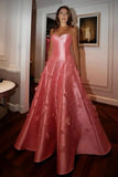Plataz Ball Gown Sweetheart Pink Satin Floral Long Prom Dresses Formal Evening Dress SD1404 HZ0628